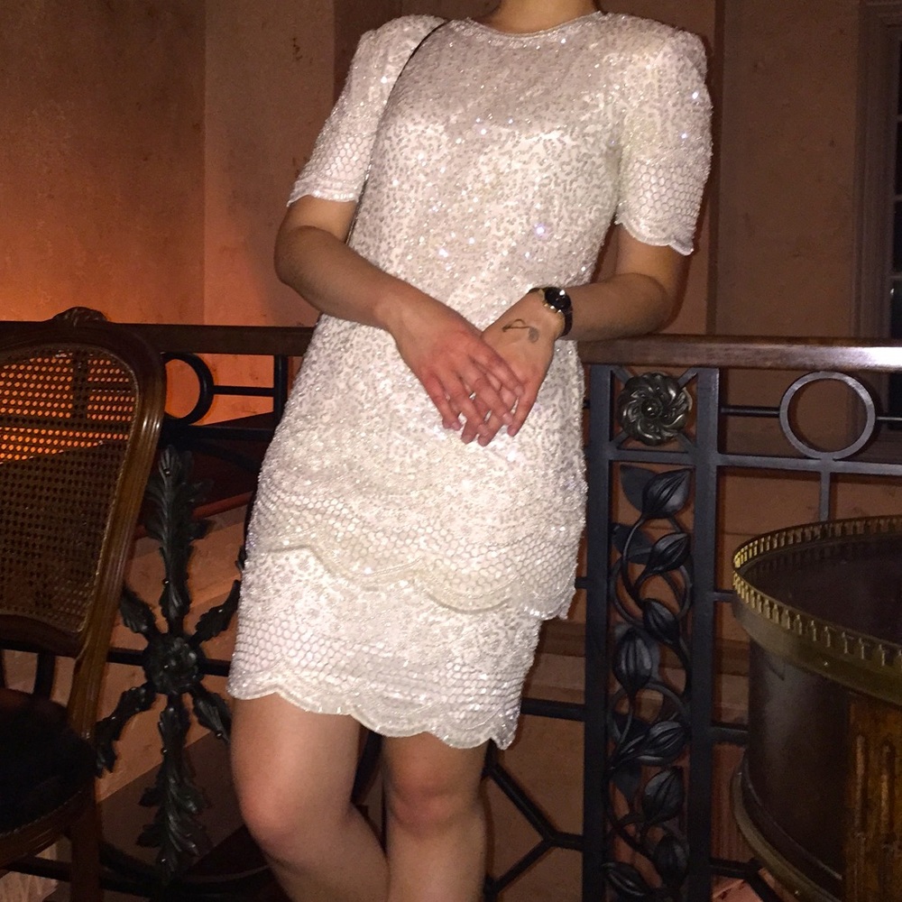 STUNNING Lillie Rubin Beaded & Sequined Drop-Waist Ivory Flapper-Style 80s Dress
